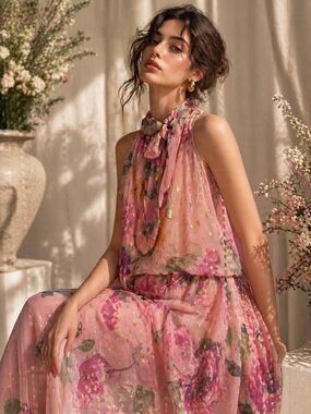 Jessica Howard Floral Chiffon Dress Size 6P NWT Elegant Tie Neck